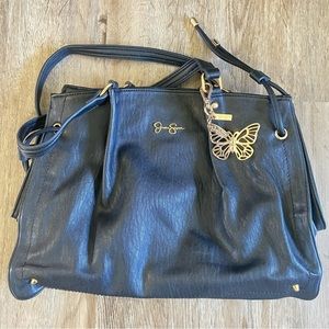 Women Black leather Jessica Simpson shoulder bag with  gold butterfly 16*11in